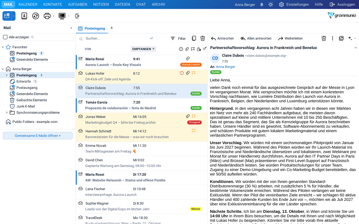 grommunio Web mit dem Posteingang von Anna Berger und einem geöffneten Partnerschaftsvorschlag im Lesebereich