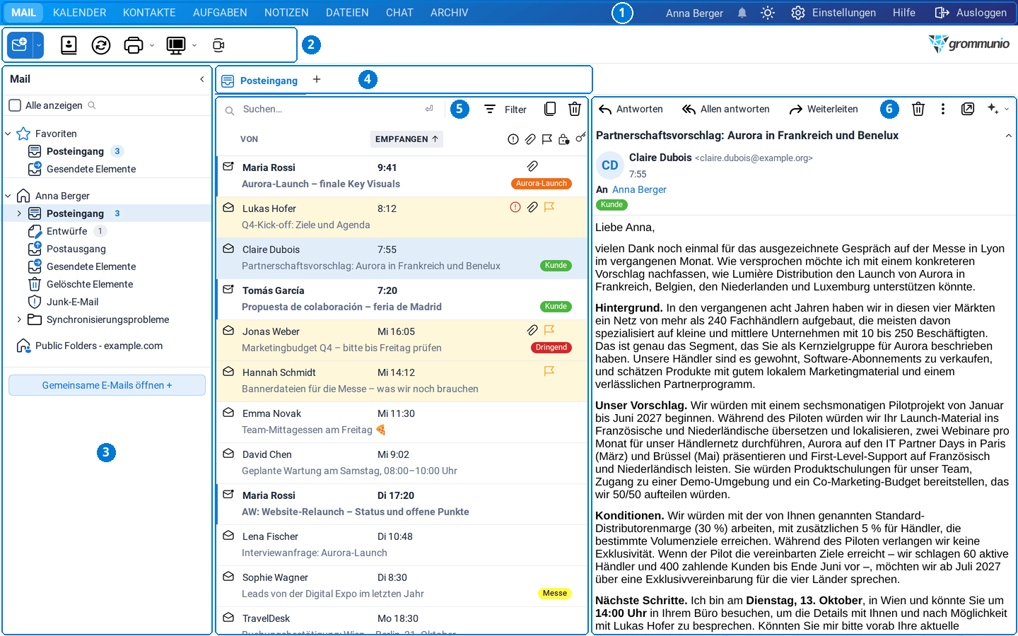 Das Fenster von grommunio Web mit nummerierten Bereichen: obere Leiste, Symbolleiste, Ordnerbereich, Registerkartenleiste, Elementliste und Lesebereich