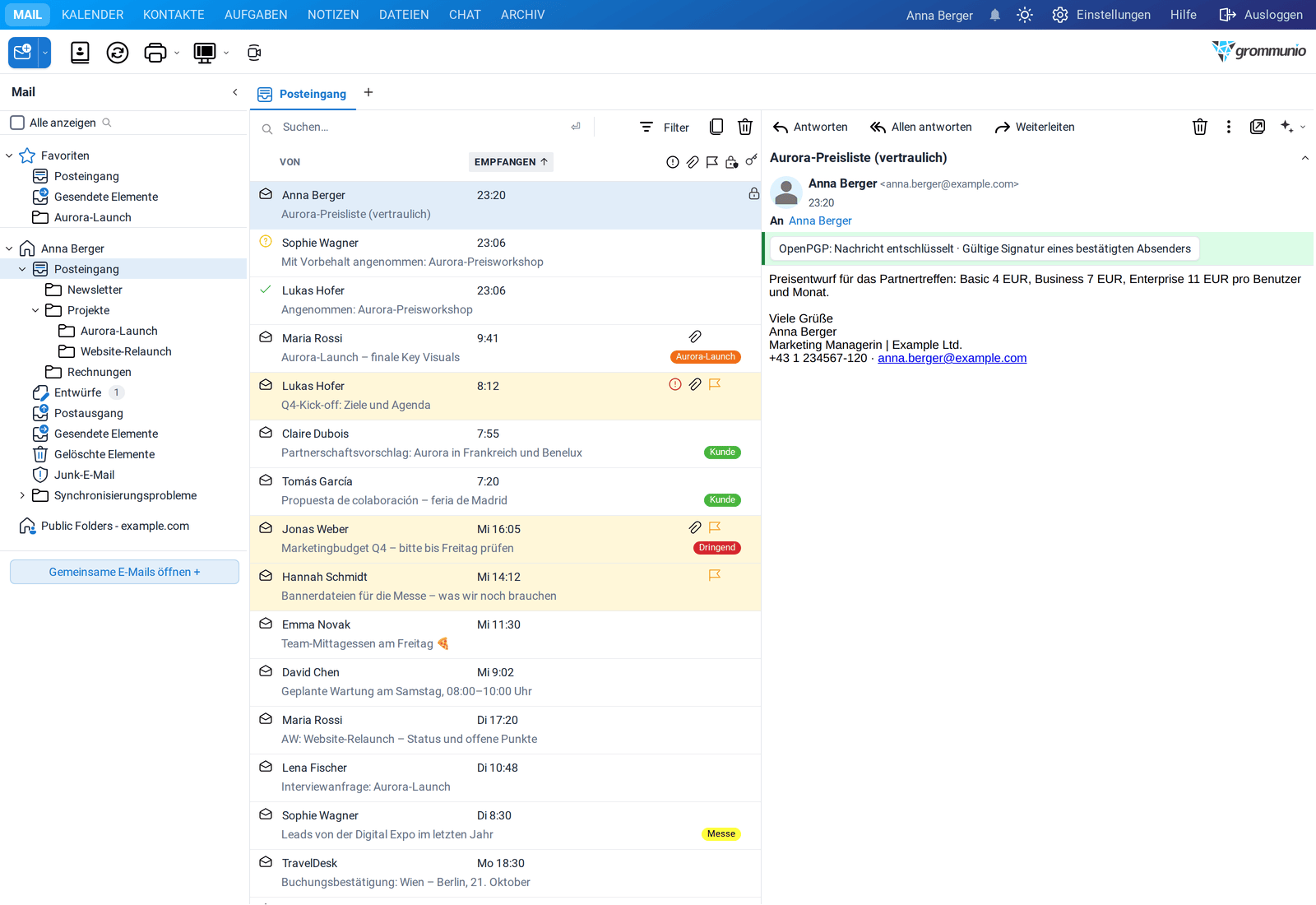 Eine entschlüsselte E-Mail mit dem Status: Nachricht entschlüsselt, gültige Signatur eines bestätigten Absenders