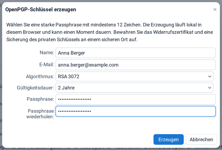 Der Dialog OpenPGP-Schlüssel erzeugen mit Name, E-Mail, Algorithmus, Gültigkeitsdauer und Passphrase