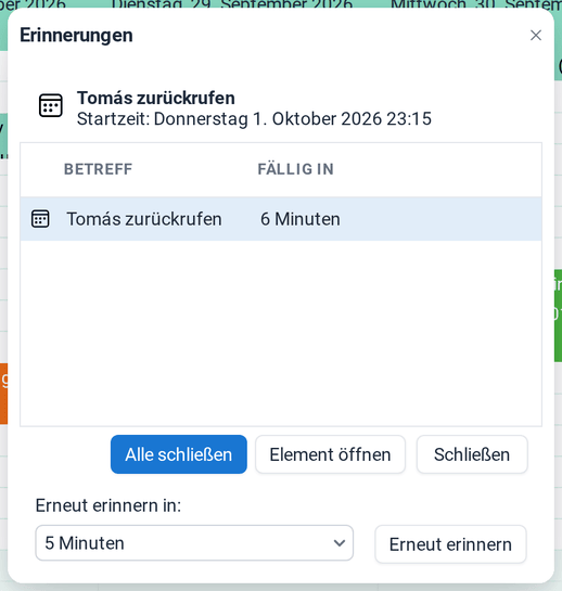 Das Fenster Erinnerungen mit einem fälligen Termin und den Schaltflächen Alle schließen, Element öffnen, Schließen und Erneut erinnern