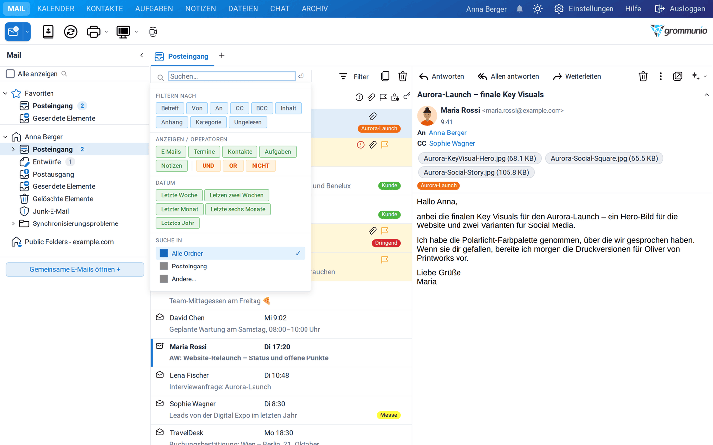 Das Such-Dropdown mit Schaltflächen für Filtern nach, Anzeigen / Operatoren, Datum und Suche in