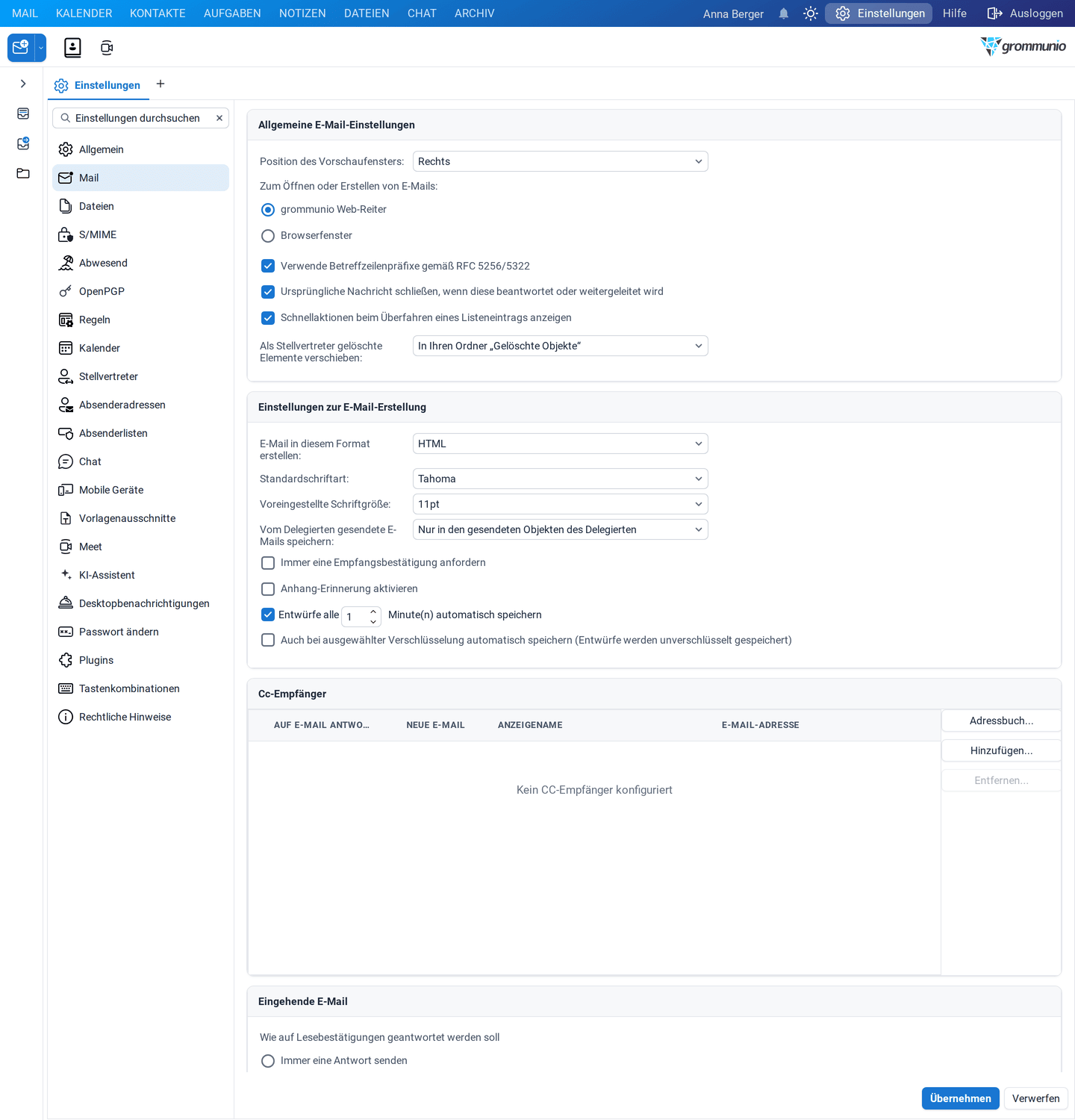 Die Mail-Einstellungen mit allgemeinen E-Mail-Einstellungen, Einstellungen zur E-Mail-Erstellung, Cc-Empfängern, eingehender E-Mail und Benachrichtigungen