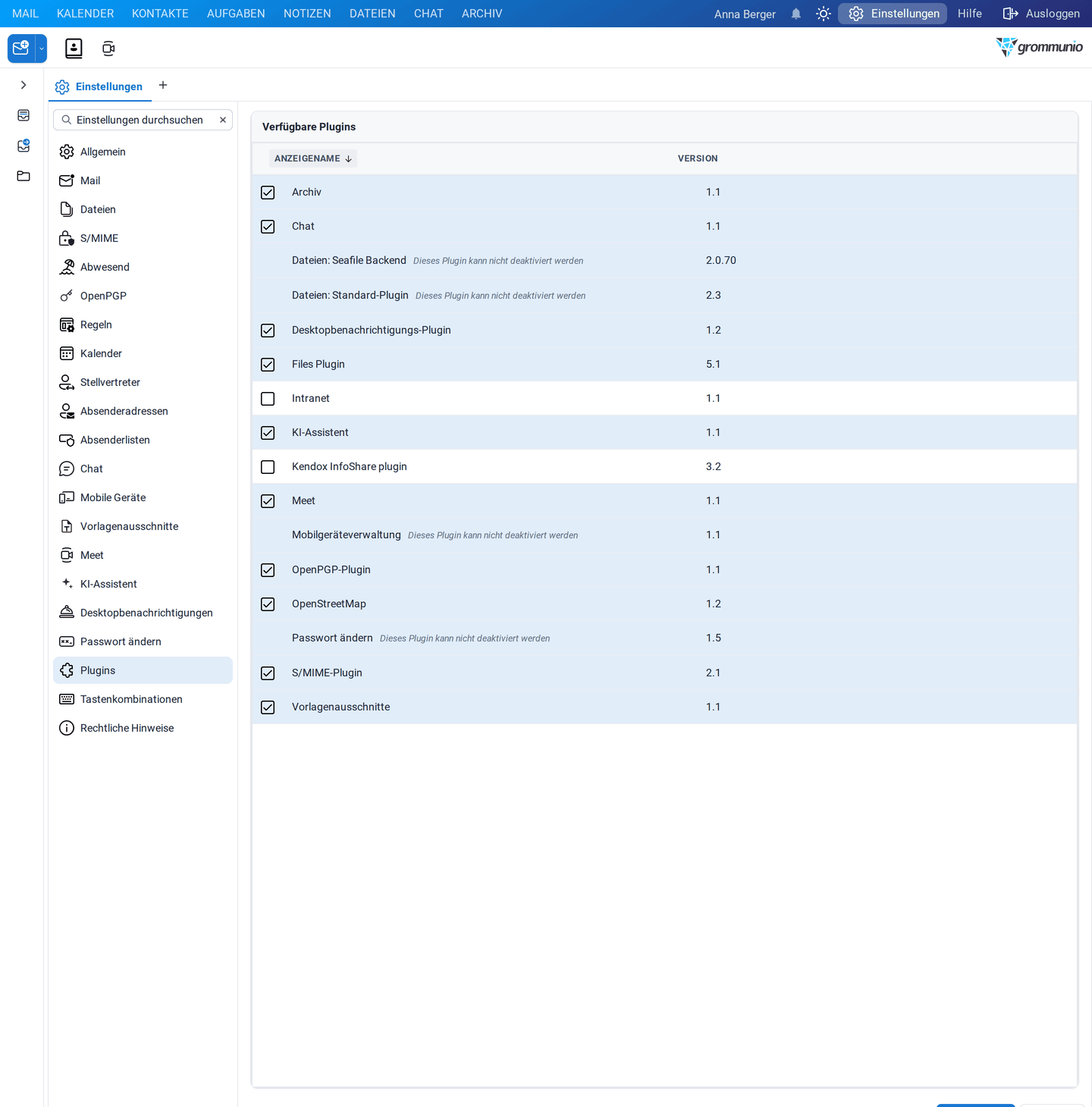 Die Einstellungen Plugins mit Kontrollkästchen für die optionalen Plugins und ihren Versionen
