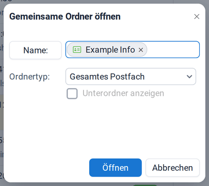 Der Dialog Gemeinsame Ordner öffnen mit Example Info als Name und Gesamtes Postfach als Ordnertyp