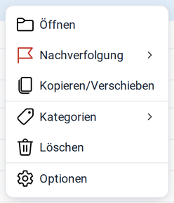 Das Kontextmenü einer Aufgabe mit Öffnen, Nachverfolgung, Kopieren/Verschieben, Kategorien, Löschen und Optionen