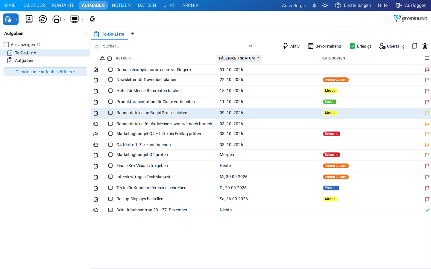 Die To-Do-Liste mit Aufgaben, sortiert nach Fälligkeit, mit Kategorien und Kennzeichnungen