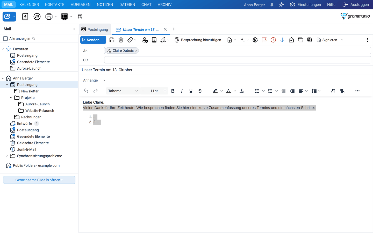 Eine neue E-Mail an Claire Dubois mit dem eingefügten Vorlagentext