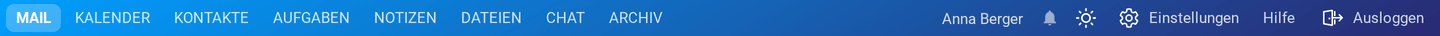 Die obere Leiste mit den Registerkarten Mail, Kalender, Kontakte, Aufgaben, Notizen, Dateien, Chat und Archiv links sowie Benutzername, Erinnerungsglocke, Erscheinungsbild, Einstellungen, Hilfe und Ausloggen rechts