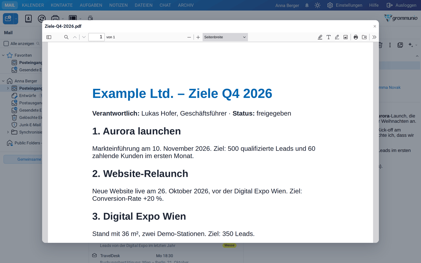 Ein PDF-Anhang im Dokumentbetrachter mit Seitennavigation, Zoom und Gliederung