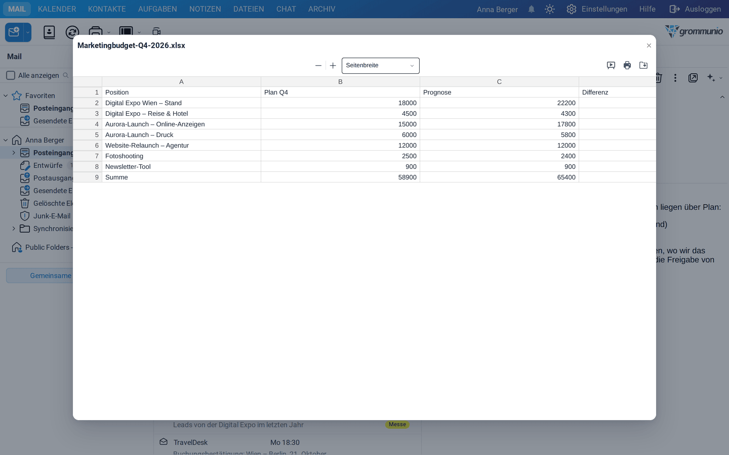Ein Tabellenanhang mit dem Marketingbudget Q4 im Dokumentbetrachter
