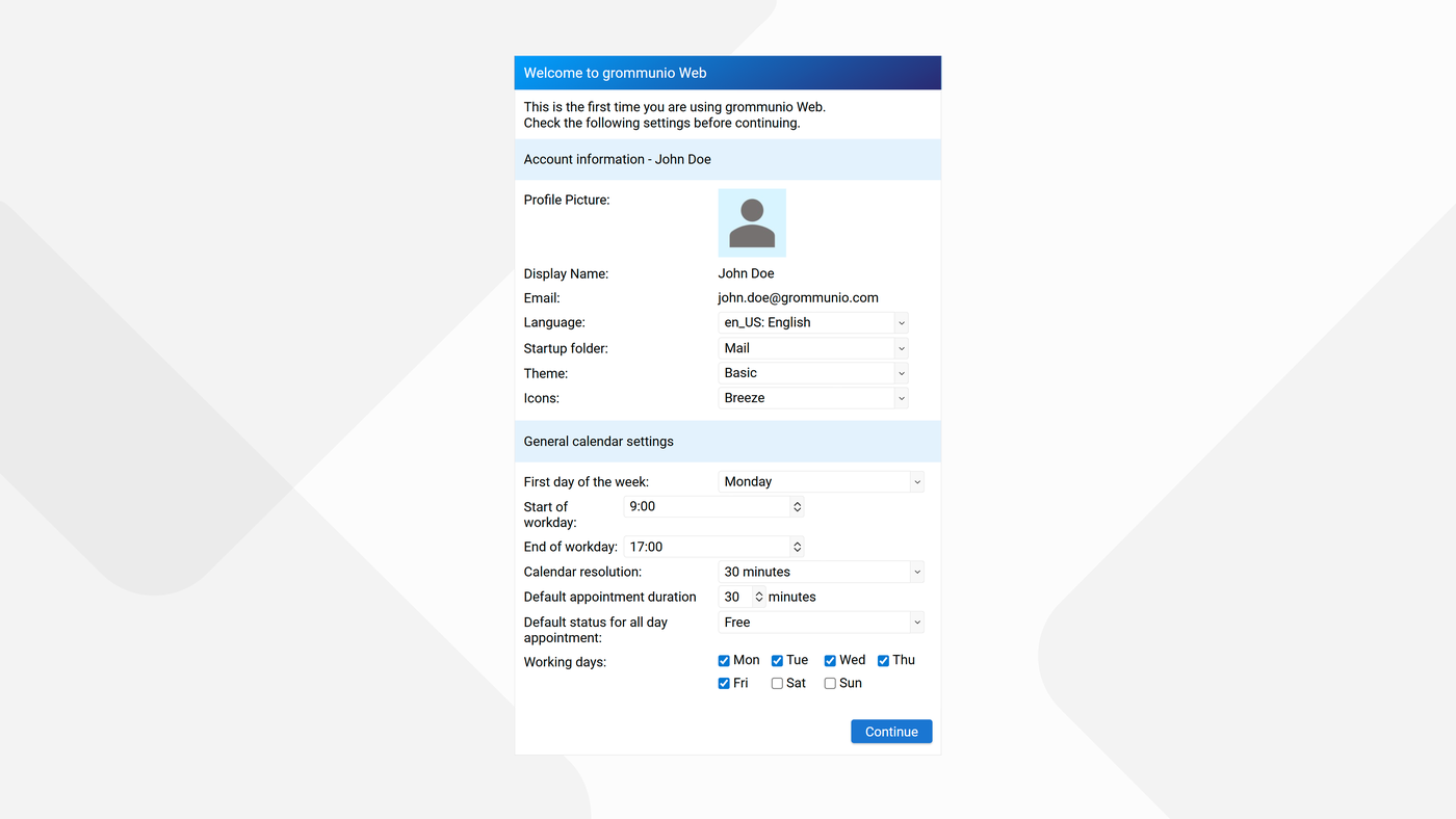 Welcome Assistant dialog showing account information and general calendar settings for a new user