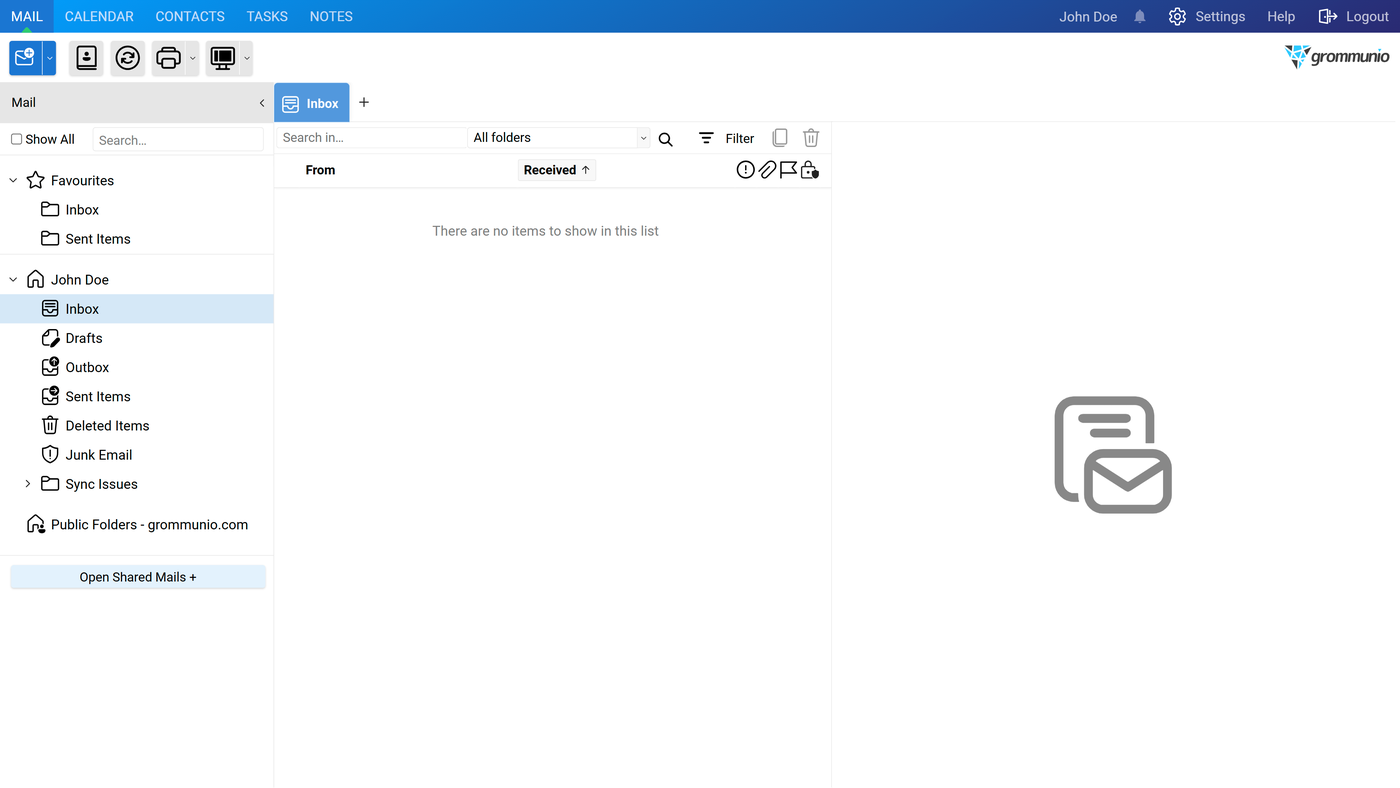 Main grommunio Web interface showing the menu bar, shortcut bar, folder navigation area and an empty inbox in the main content area