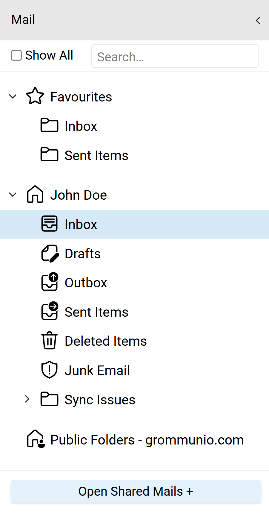 Folder Navigation Area showing Favourites and a user mailbox with Inbox, Drafts, Outbox, Sent Items, Deleted Items, Junk Email and Public Folders