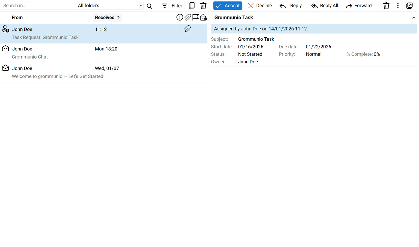 Main Content Area showing a message list on the left and a task request preview on the right