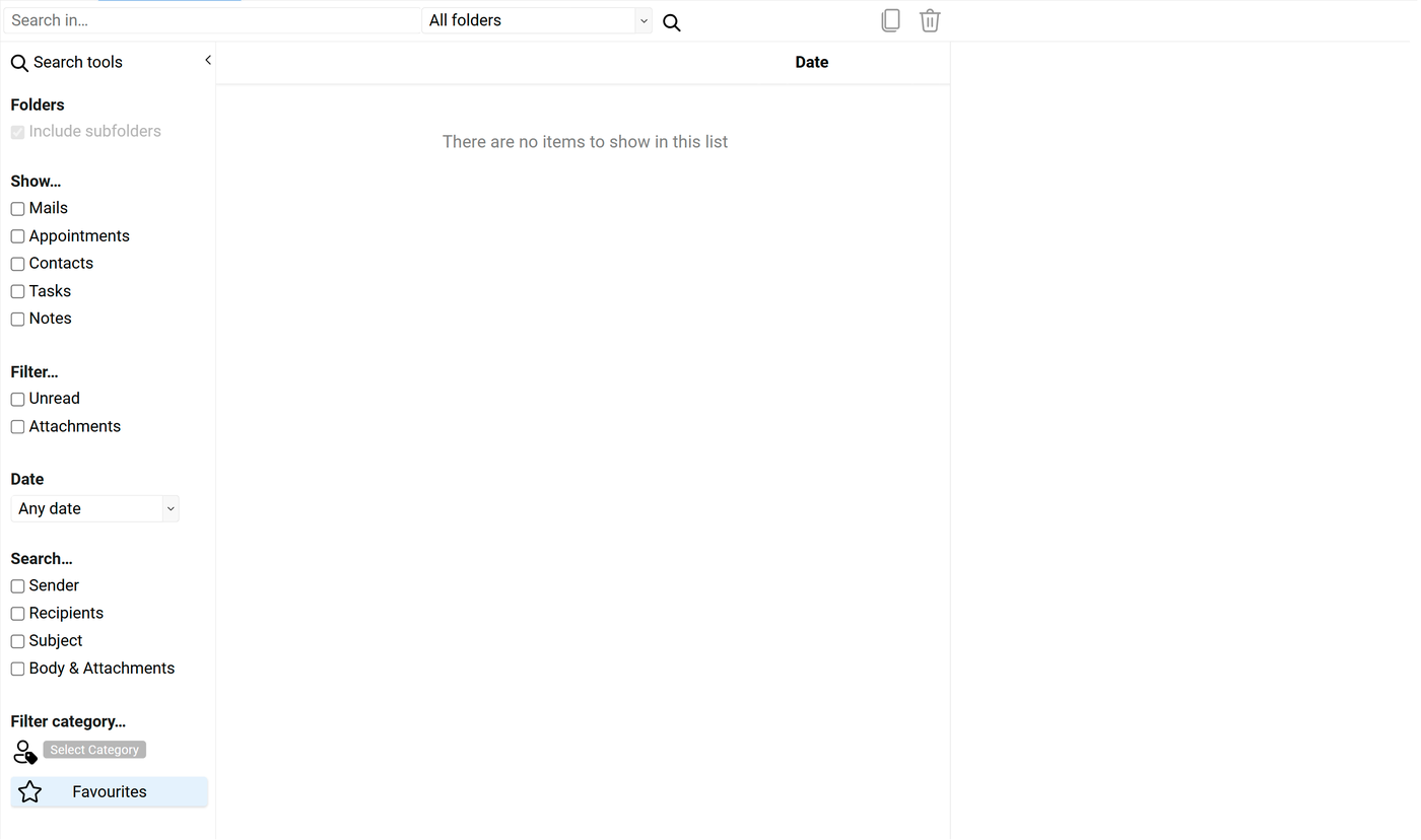 Search Tools panel with options for Folders, Show, Filter, Date, Search and Filter category