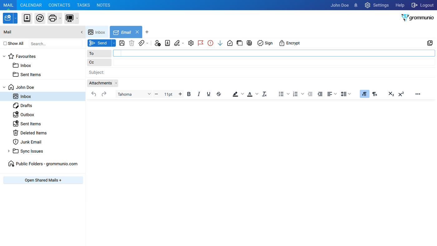 New email composition window with the message composition toolbar and empty recipient, subject, and body fields