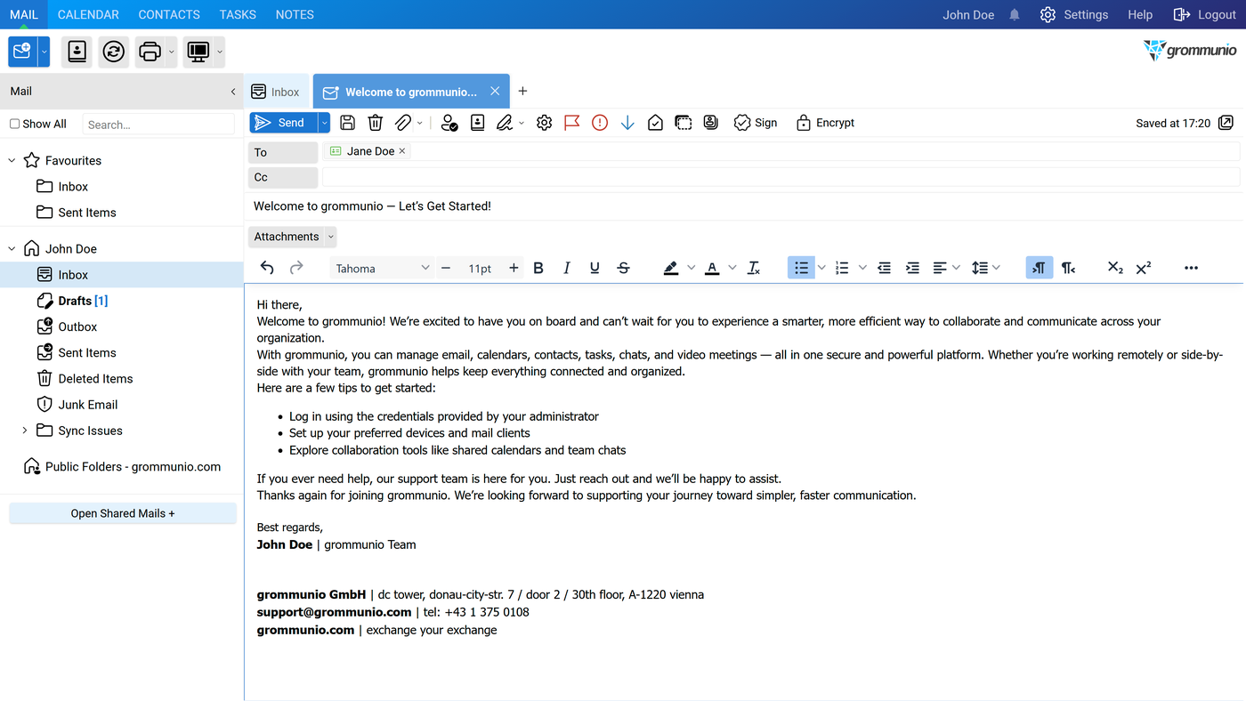 Message editor showing a composed message with recipients, subject, formatting toolbar, message body, and signature