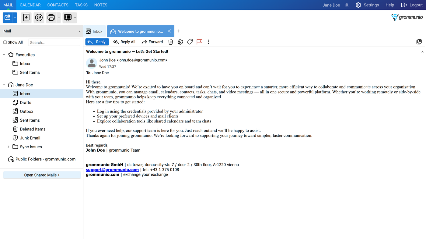 Full message view showing the reply, reply all, and forward action buttons above an opened email