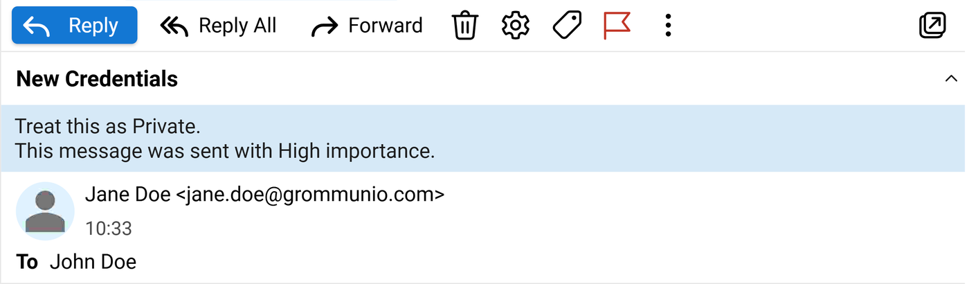 Opened message showing an information banner indicating the message is Private and was sent with High importance