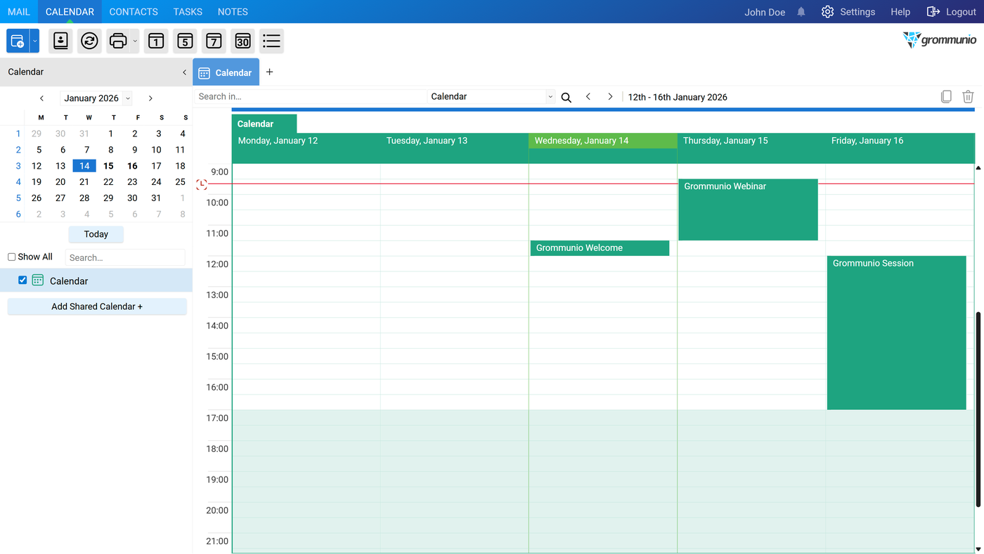 grommunio Web Calendar in week view showing several appointments across the working week.