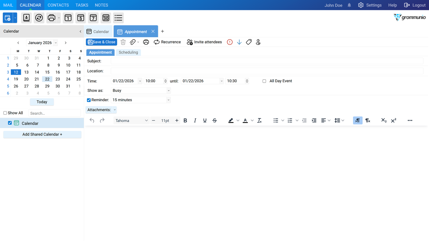 The appointment editor with fields for subject, location, time, show as, and reminder.
