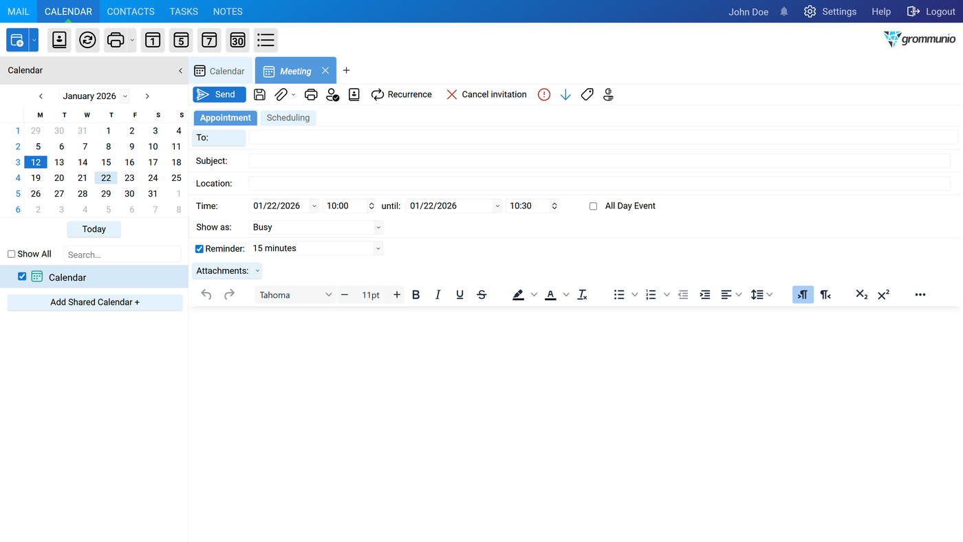 The meeting editor with a To field, Appointment and Scheduling tabs, and a Send button.