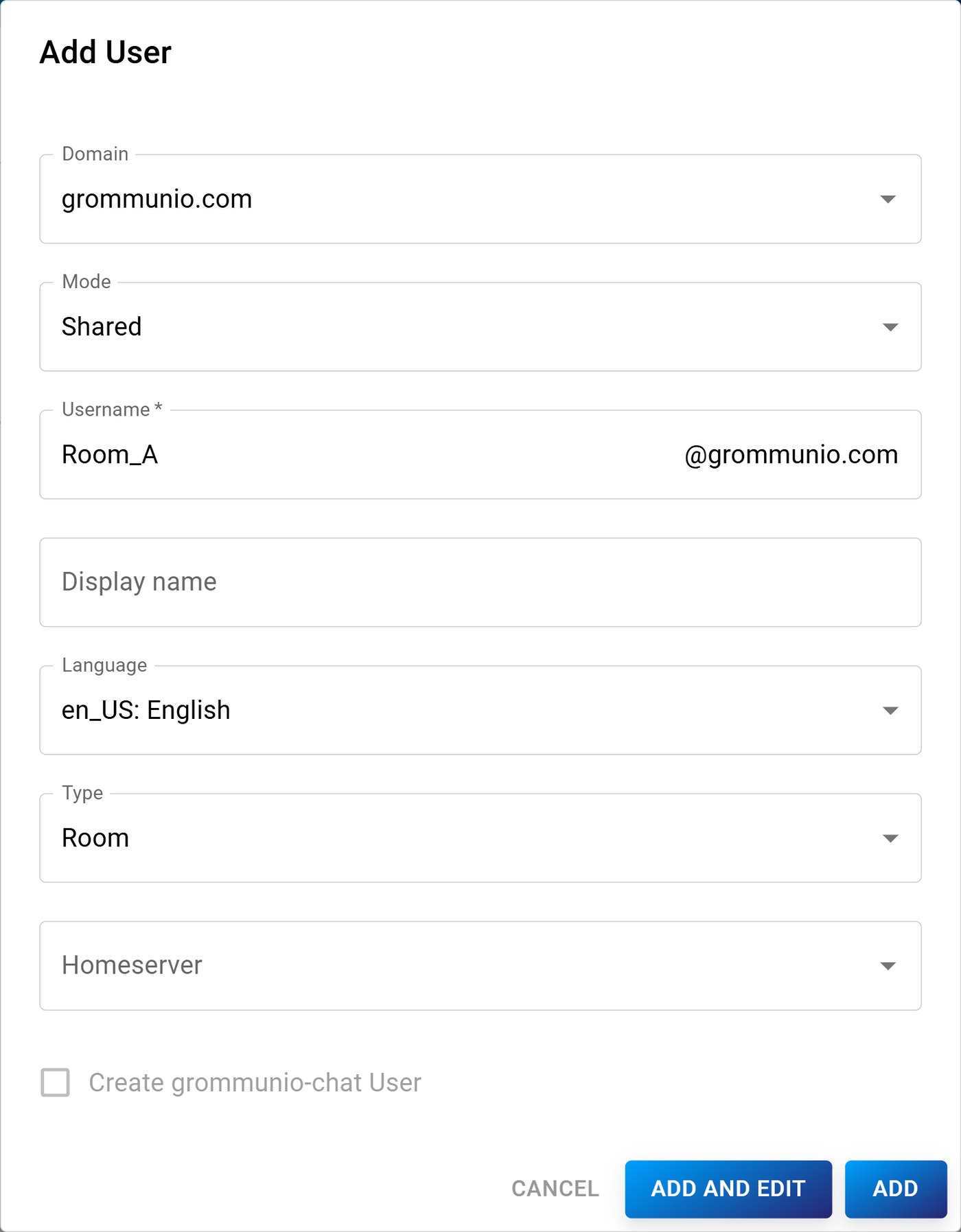 The Admin UI Add User dialog with Mode set to Shared and Type set to Room.
