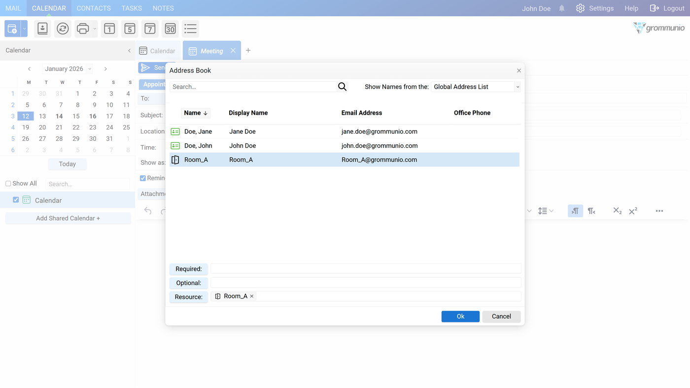 The Address Book dialog with the room added to the Resource field.