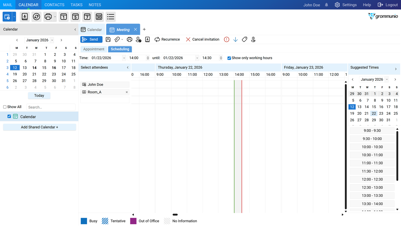 The Scheduling tab showing attendee schedules, a free/busy legend, and suggested times.