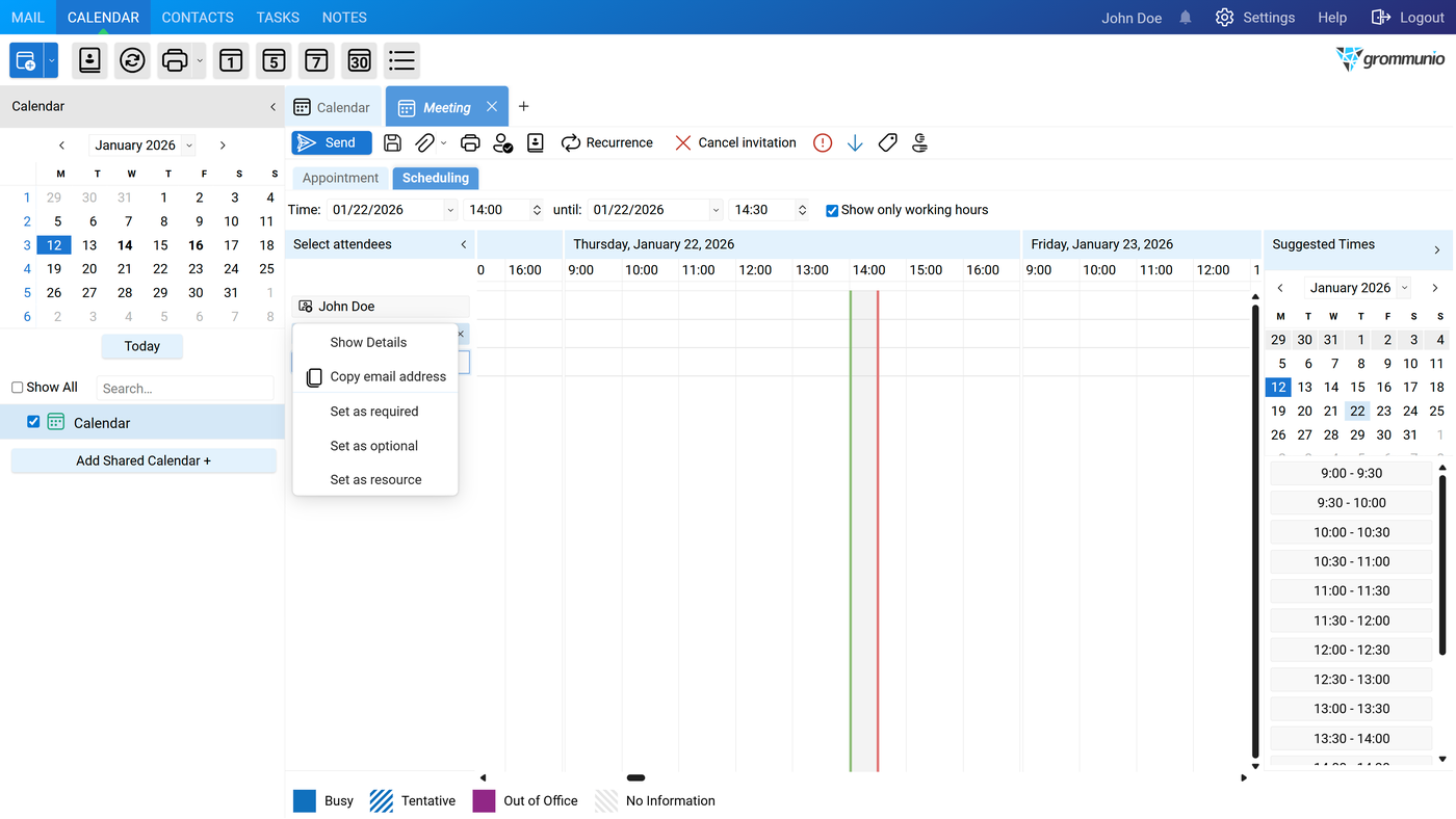 The Scheduling tab context menu with options to set an attendee as required, optional, or resource.