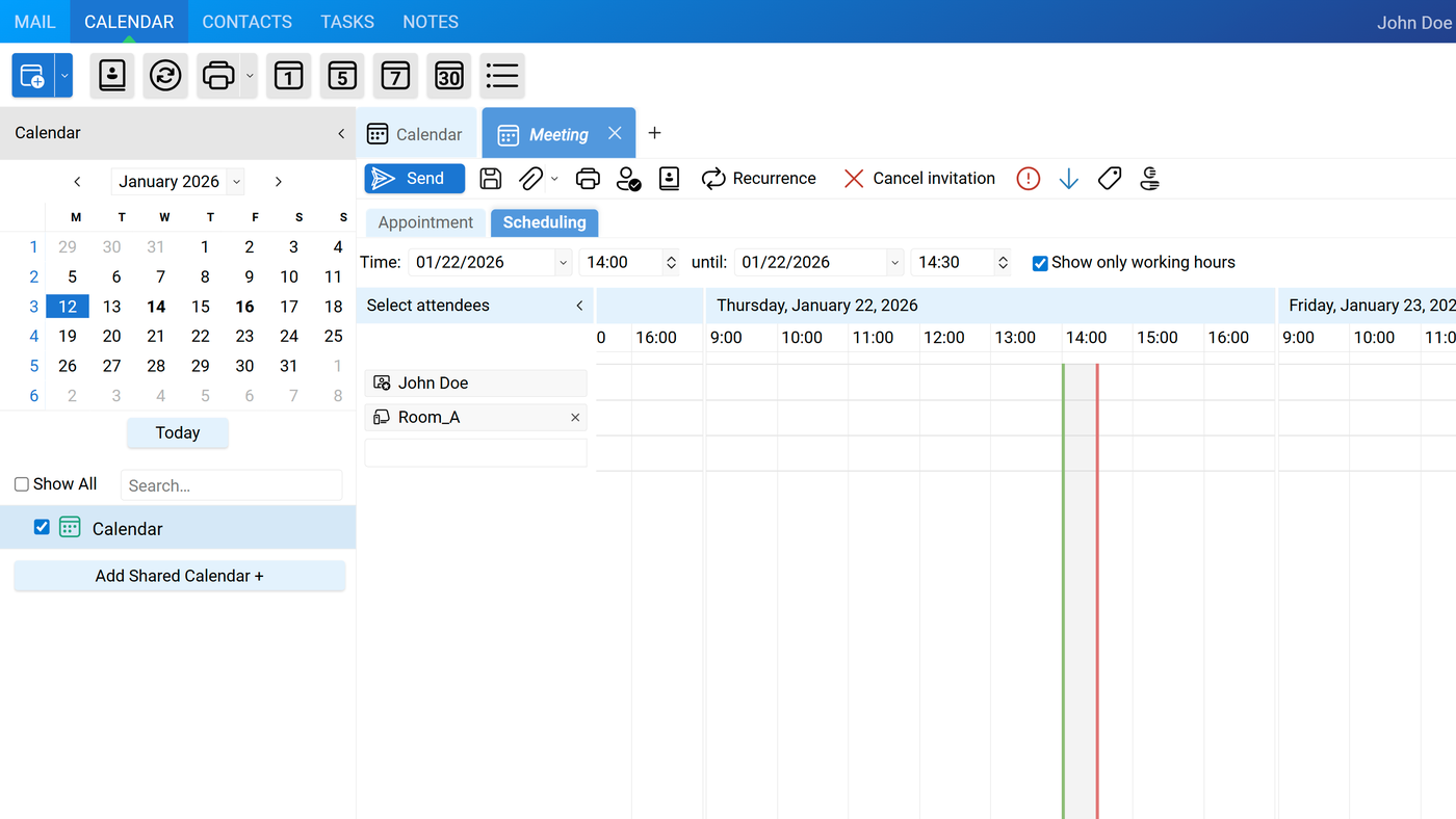 The Scheduling tab with the room added and its availability displayed.