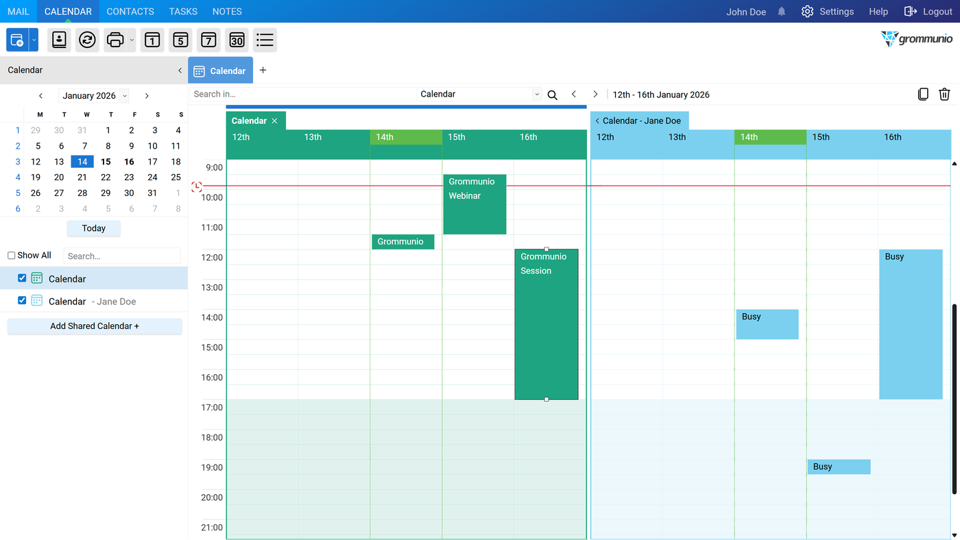 Two calendars shown side by side, each in its own column with distinct colors.