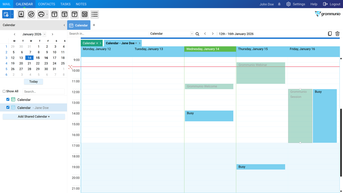 Two calendars consolidated into a single column in overlay mode, retaining their color coding.