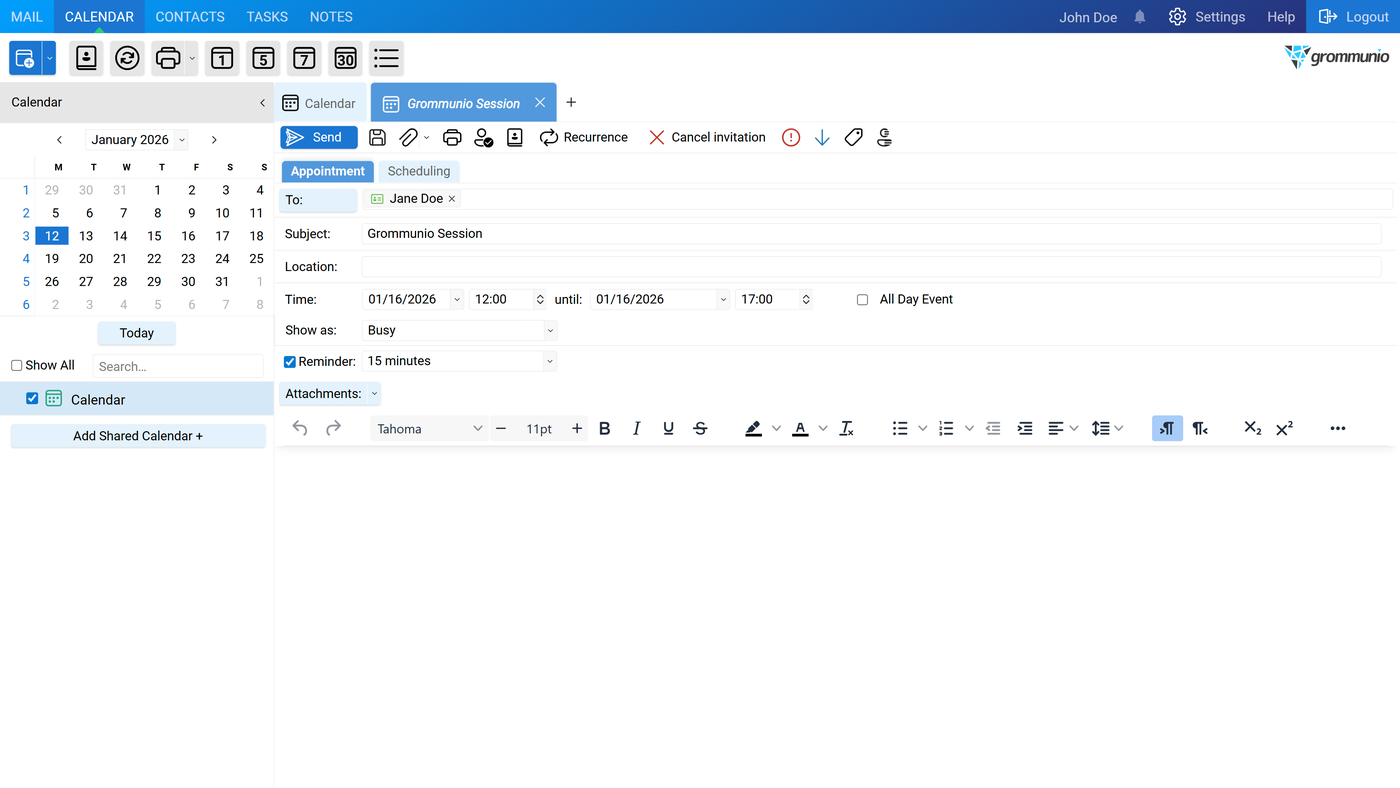 John Doe composing a meeting request addressed to Jane Doe.
