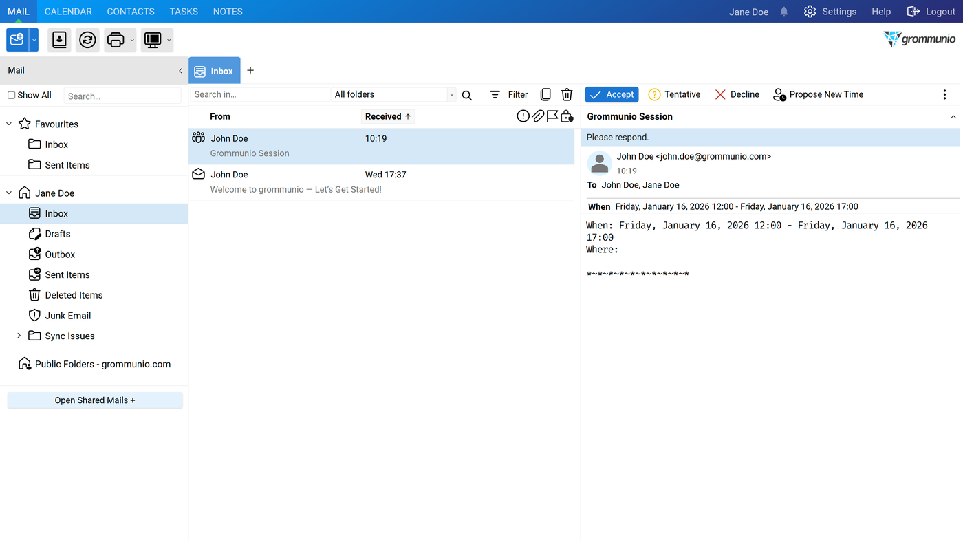 Jane Doe's inbox showing the received meeting request with Accept, Tentative, Decline, and Propose New Time options.