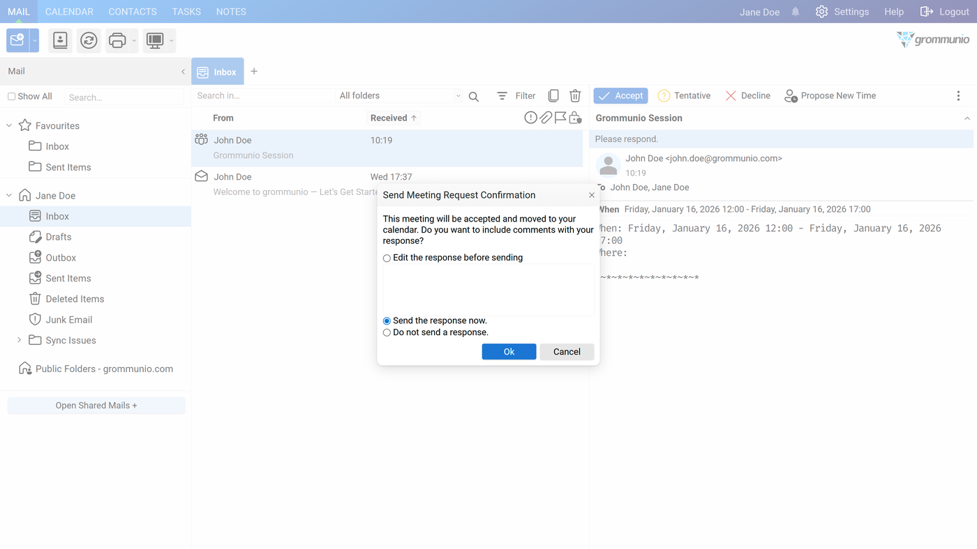 The Send Meeting Request Confirmation dialog prompting Jane Doe to edit, send, or skip the response.