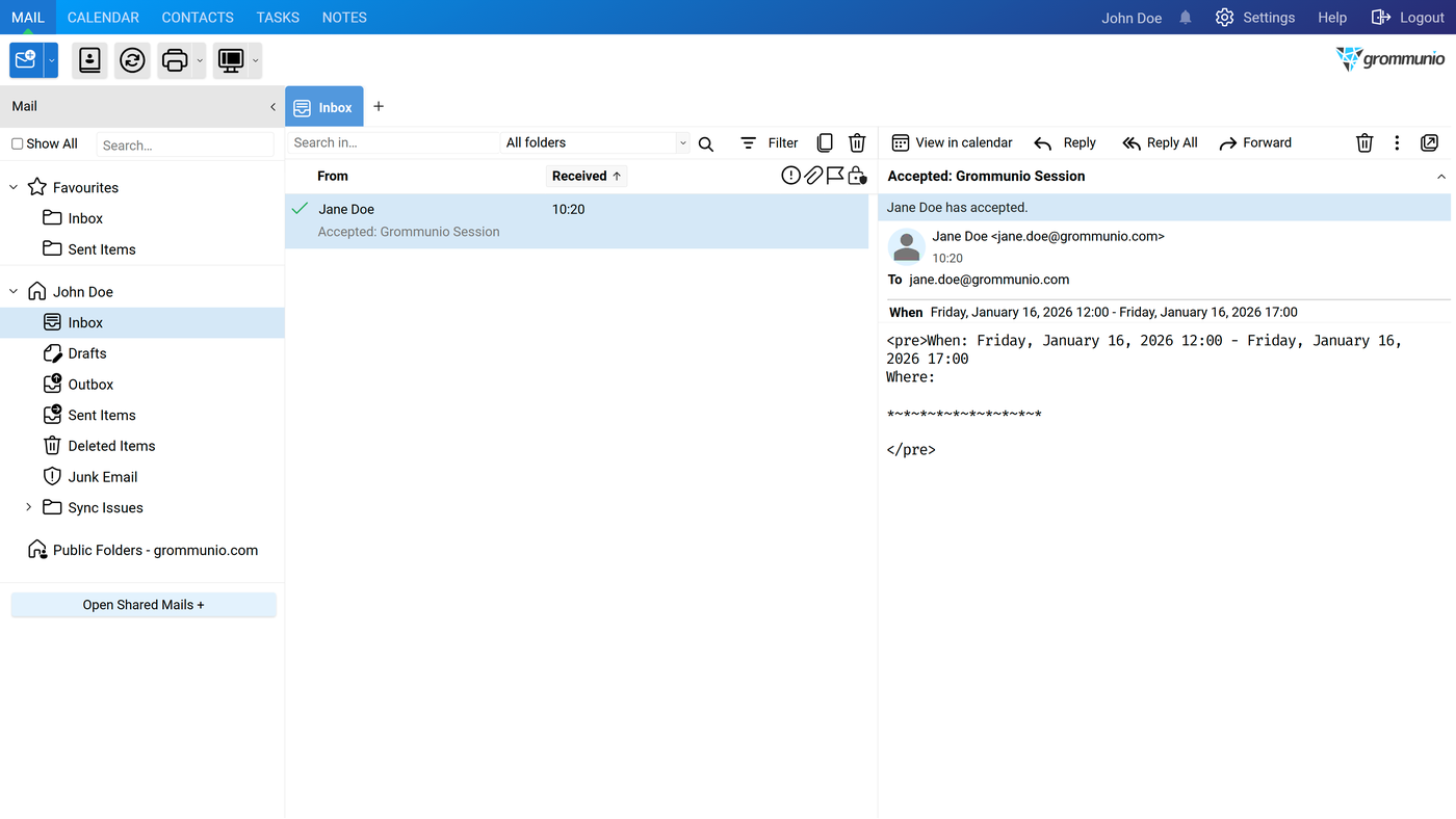 John Doe's inbox showing the acceptance notification from Jane Doe.