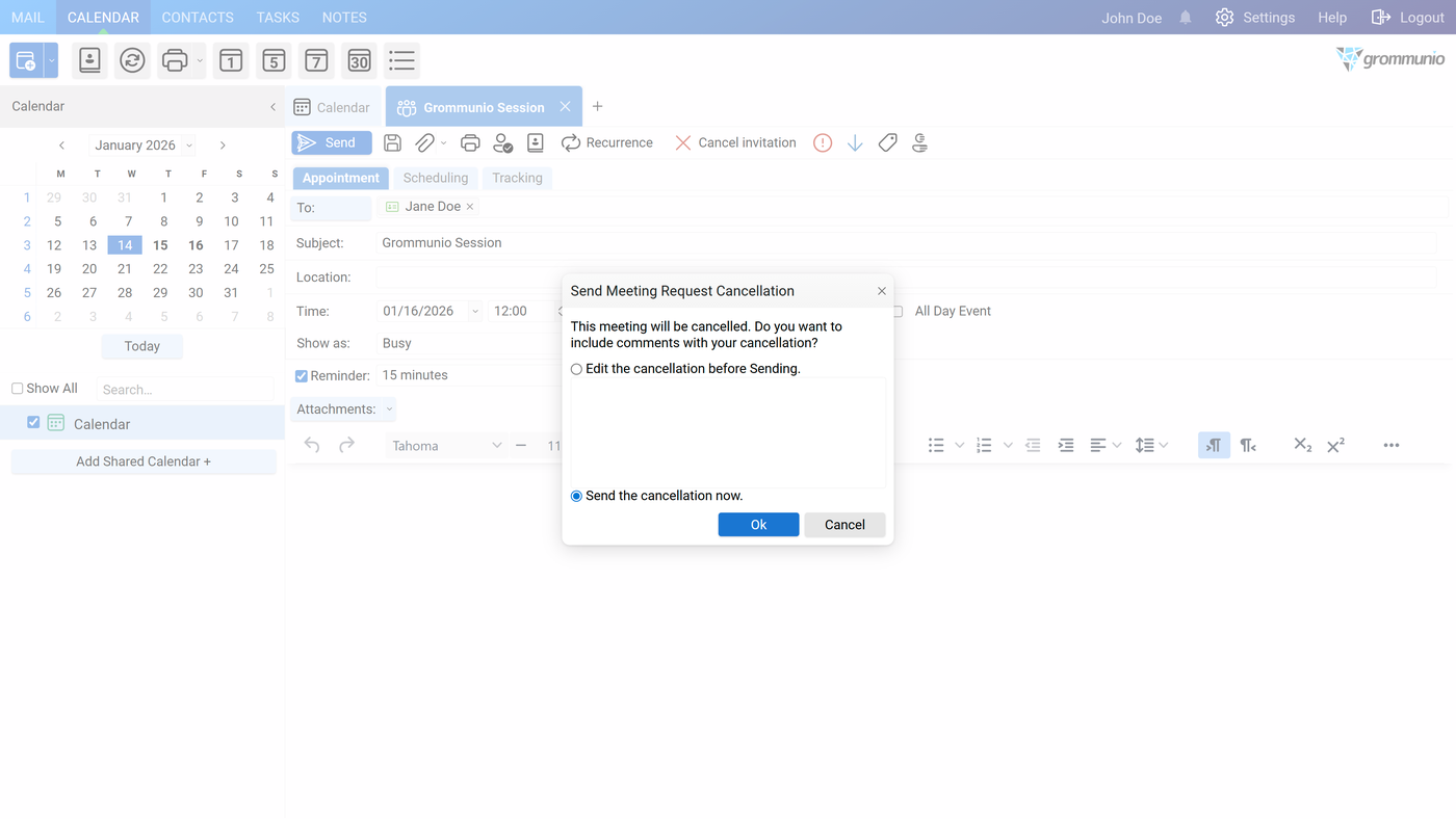 The Send Meeting Request Cancellation dialog confirming the meeting cancellation.
