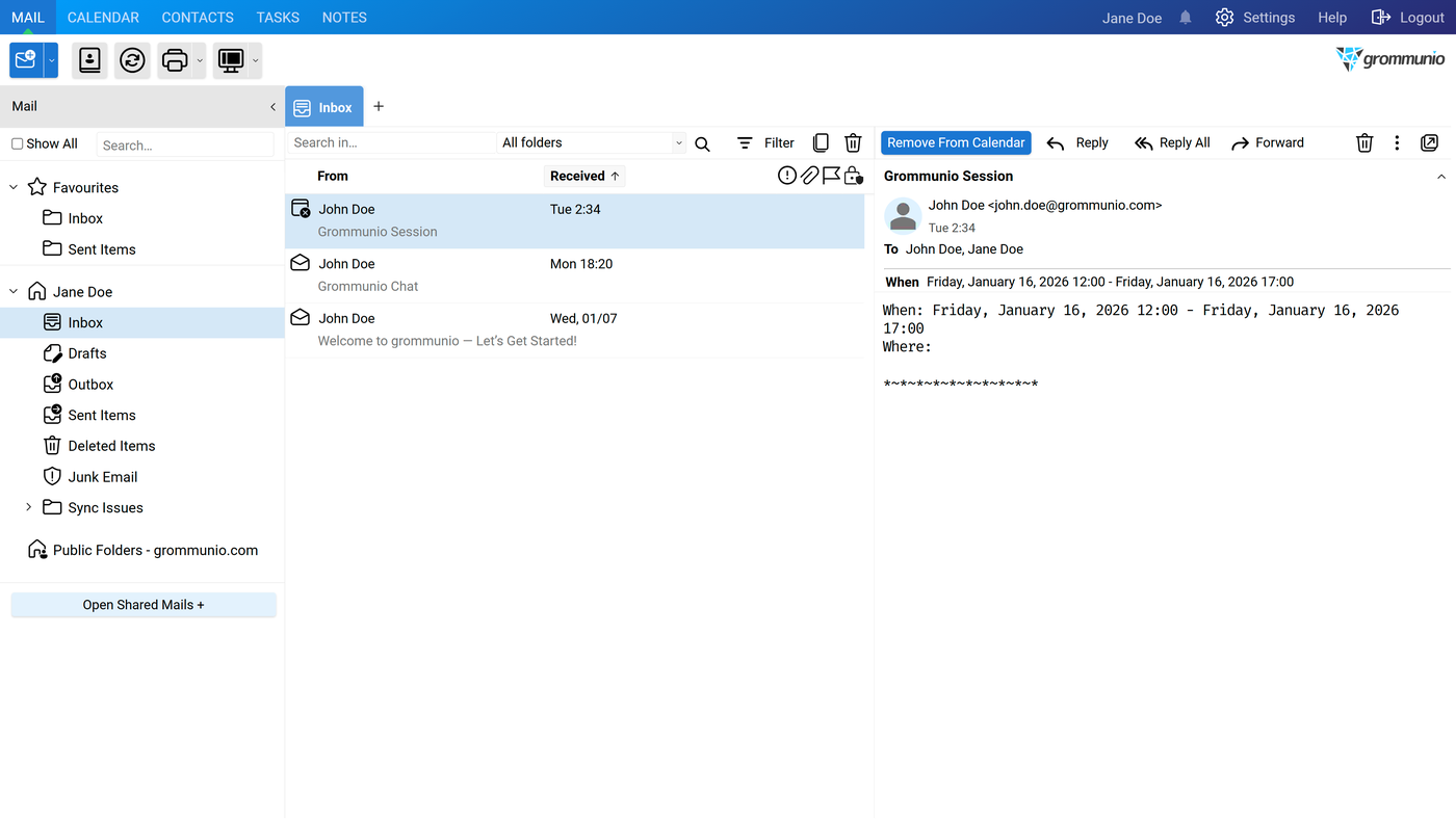 Jane Doe's inbox showing the cancellation message with a Remove From Calendar button.