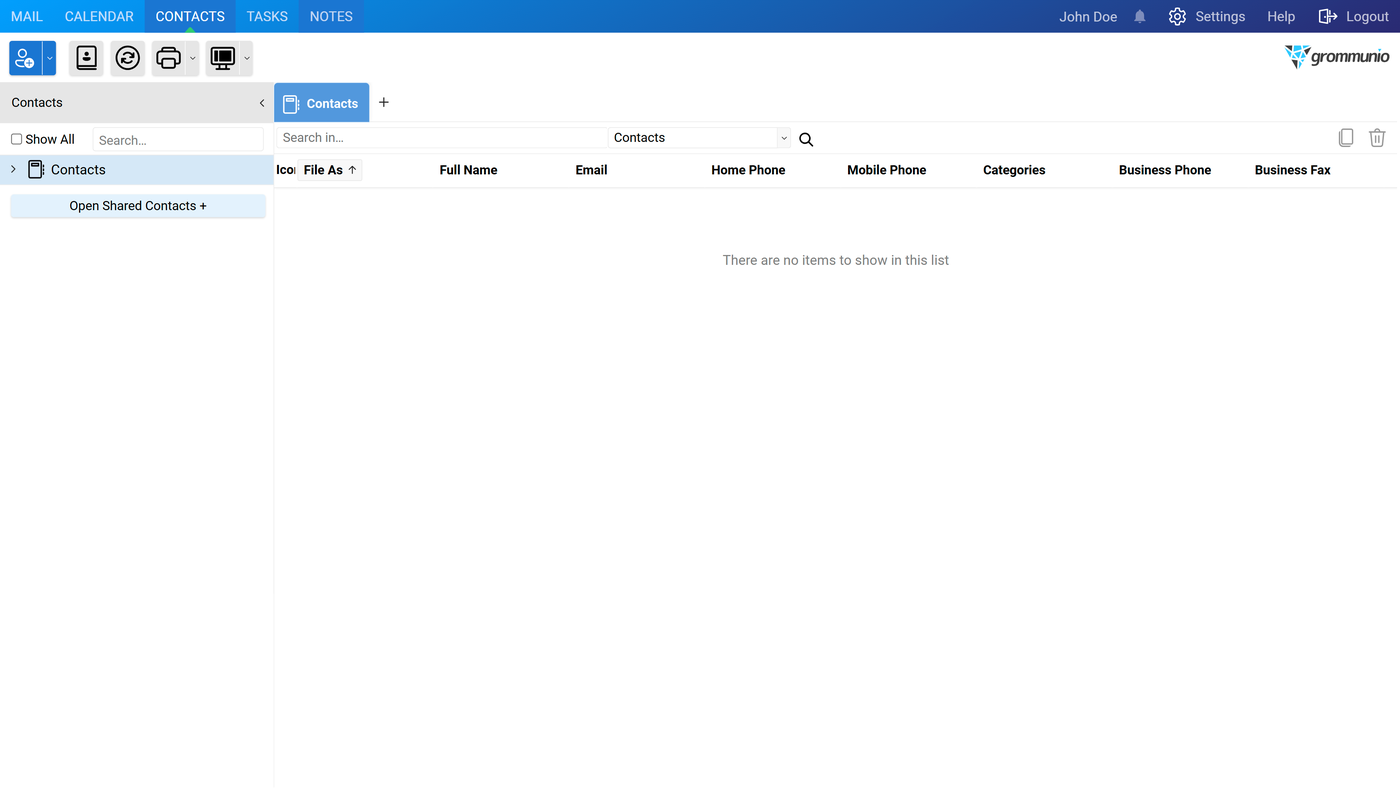 Empty Contacts list view in grommunio Web showing the Full Name, Email, Home Phone, Mobile Phone, Categories, Business Phone and Business Fax columns