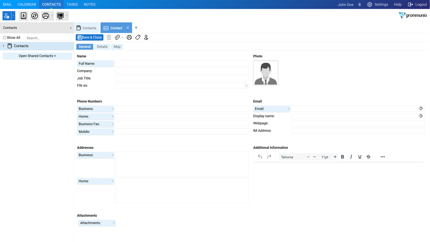 The Contacts Editor General tab with Name, Phone Numbers, Addresses and Attachments on the left and Photo, Email and Additional Information on the right