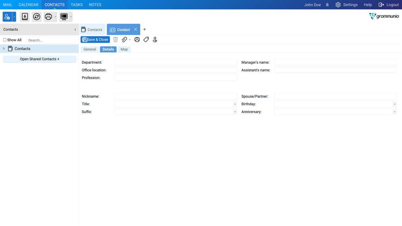 The Contacts Editor Details tab with Department, Office location, Profession, Nickname, Title, Suffix, Manager's name, Assistant's name, Spouse/Partner, Birthday and Anniversary fields