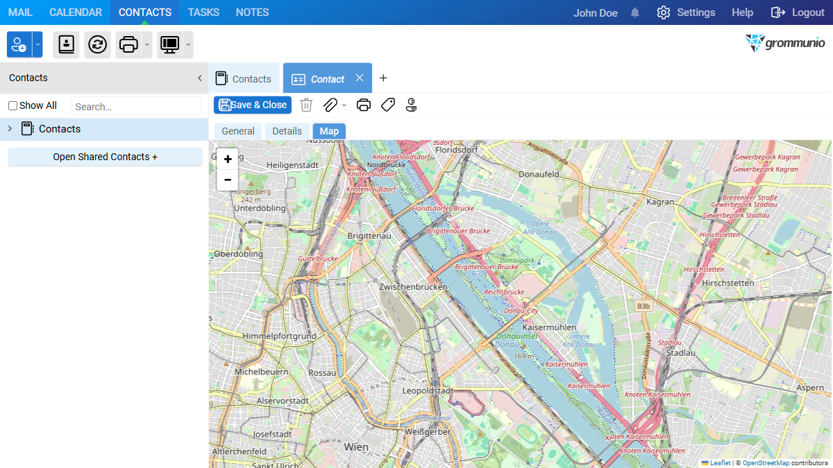 The Contacts Editor Map tab showing an interactive street map centered on the contact's address with zoom controls