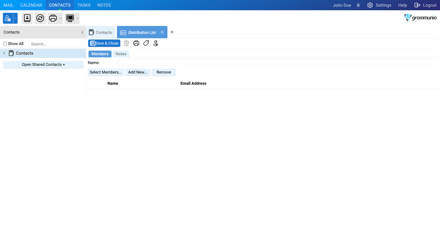 The Distribution List Editor open on the Members tab with a Name field and the Select Members, Add New and Remove buttons above the member list