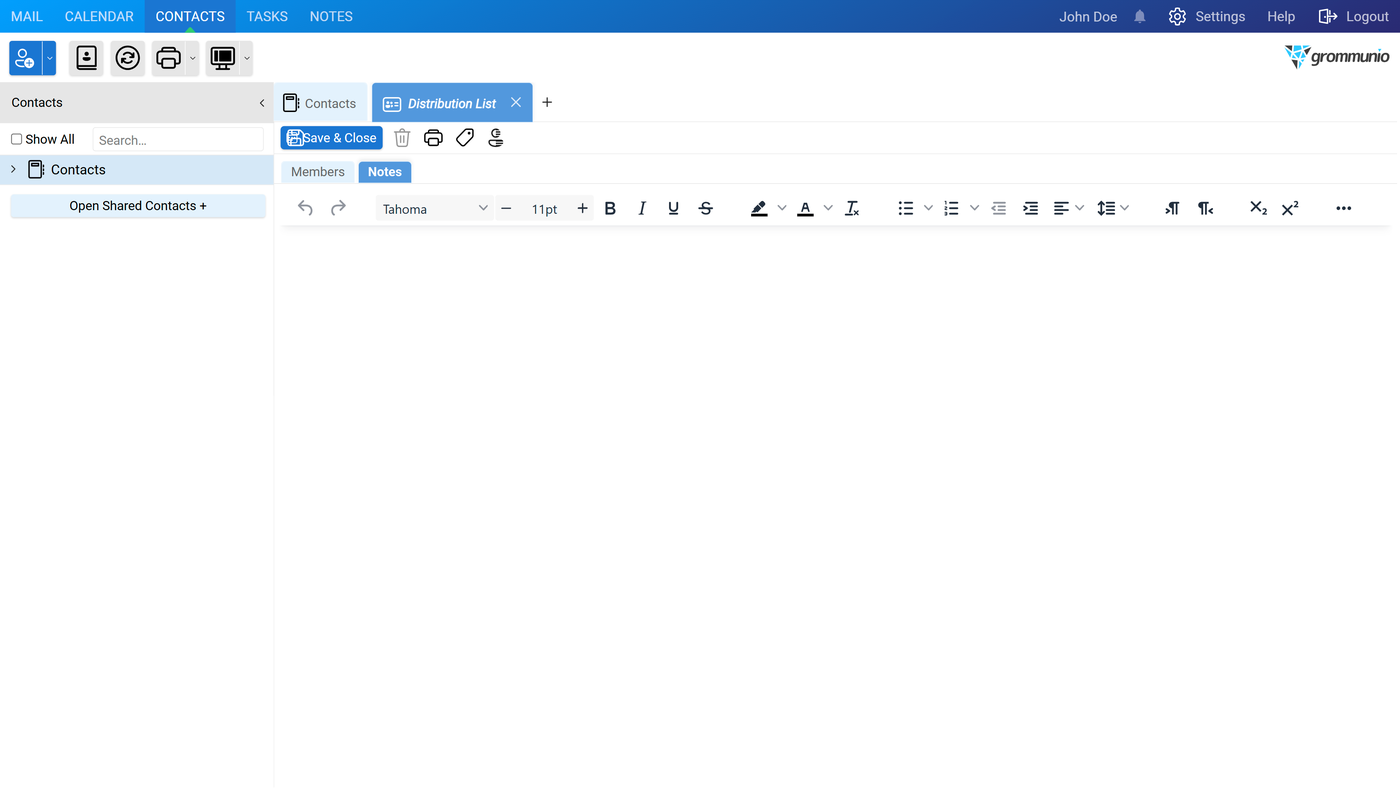The Distribution List Editor open on the Notes tab showing a rich-text editor toolbar and a free-text note area