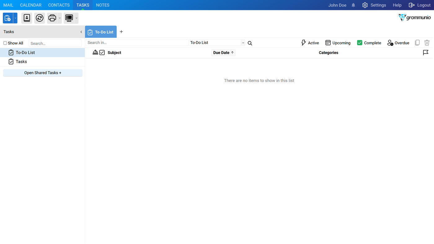 The Tasks module showing the To-Do List with filter buttons and an empty task list