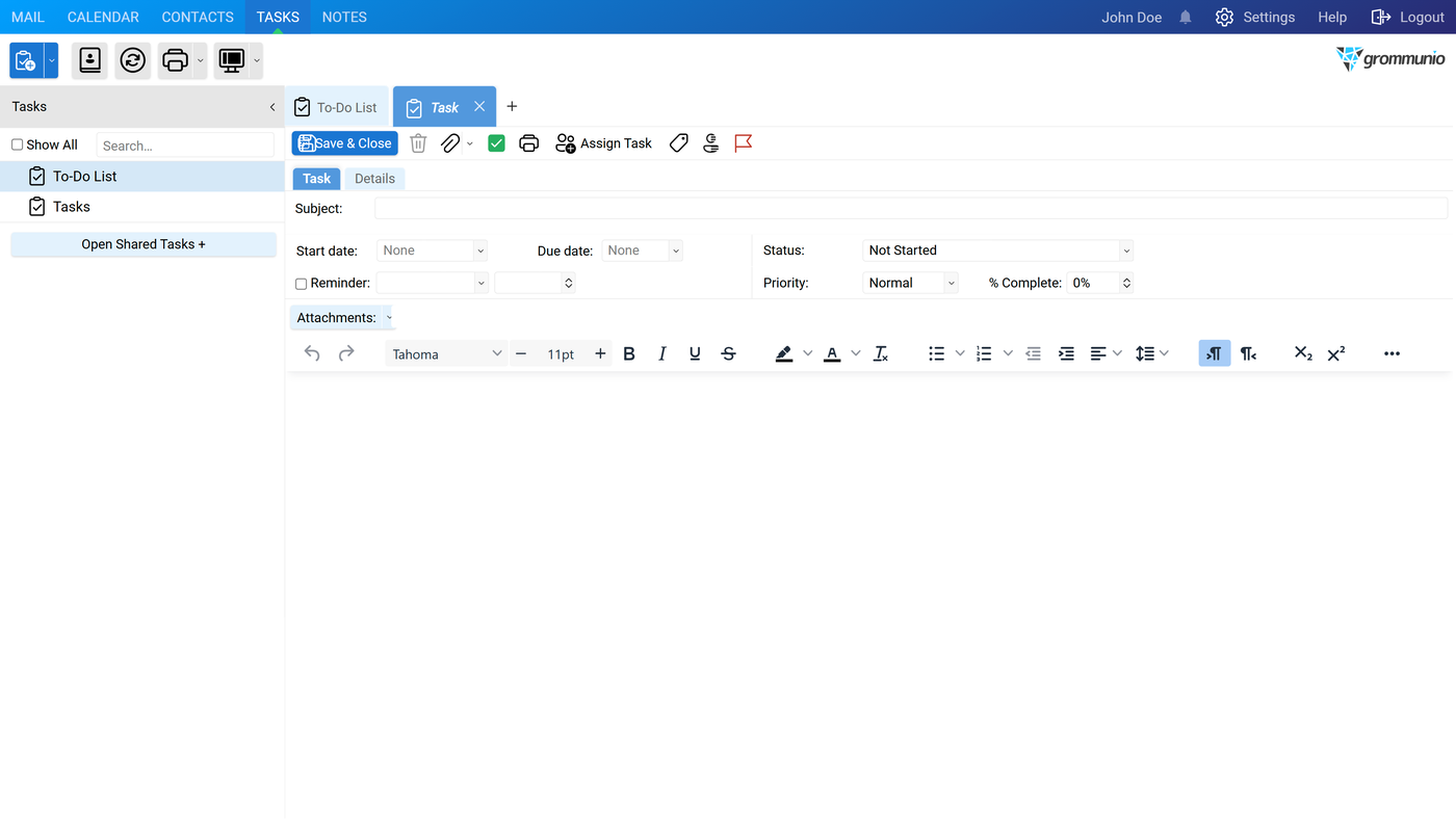 The Task Editor open on the Task tab, showing fields for subject, dates, status, priority, and a rich-text description area