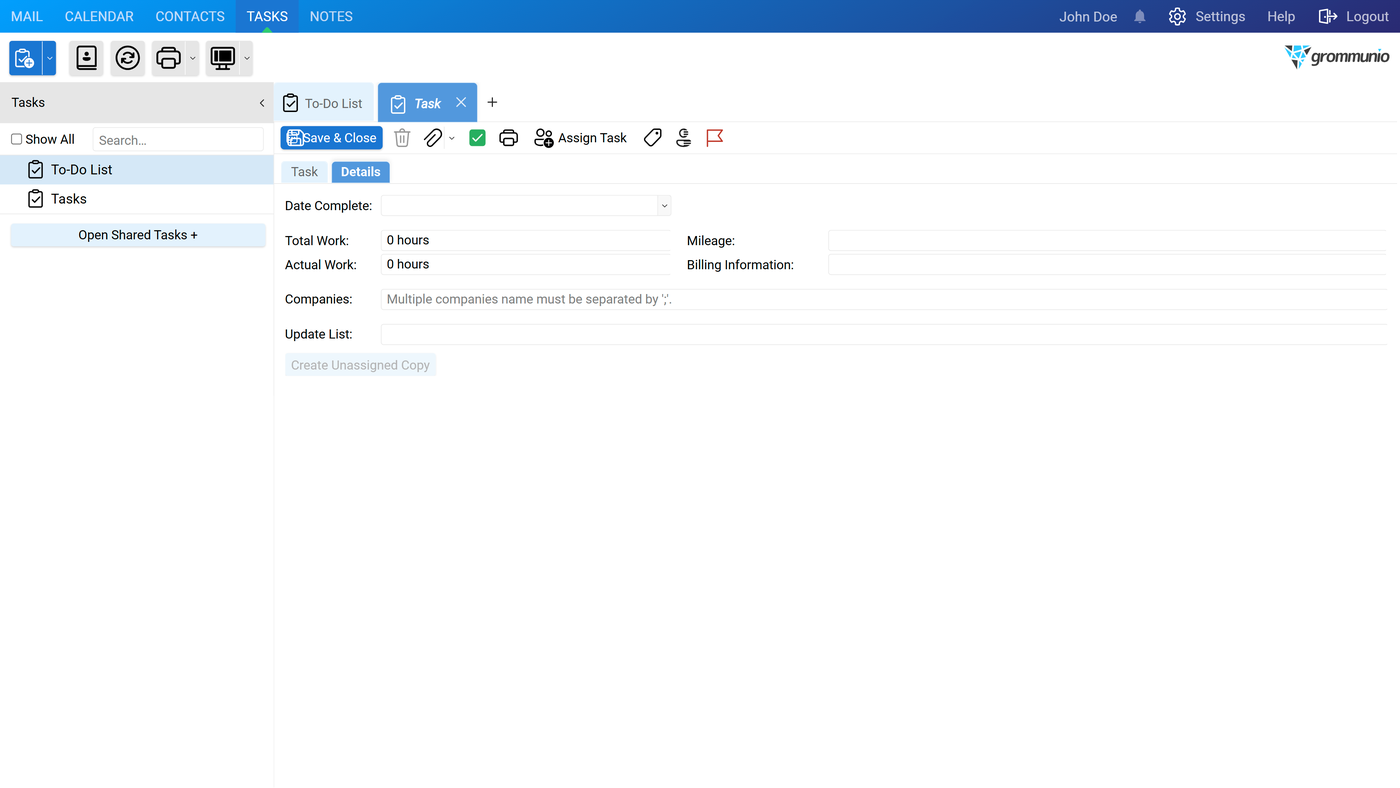The Details tab of the Task Editor, showing Date Complete, Total Work, Actual Work, Mileage, Billing Information, Companies, and Update List fields