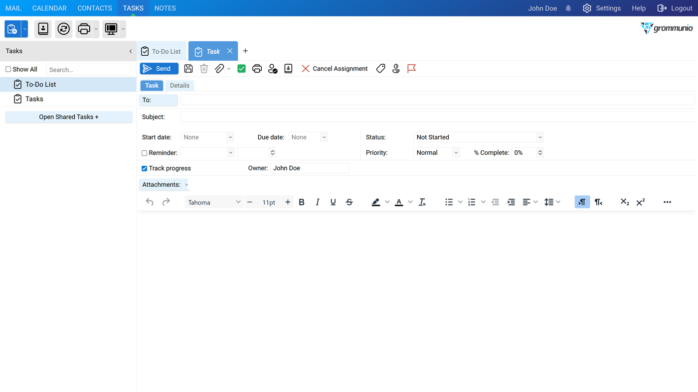 The Task Editor as a task request, with a To: field, Track progress checkbox, Owner field, and a Send button in the toolbar